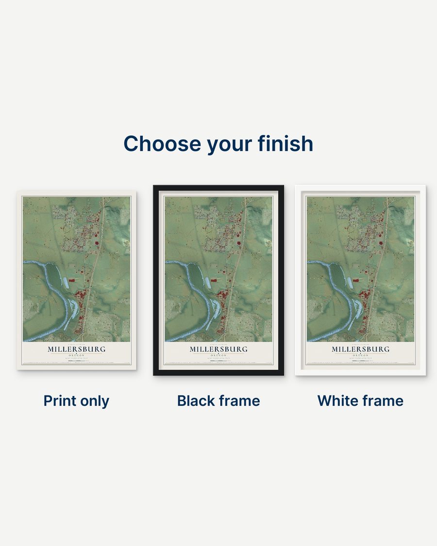 The Millersburg, Oregon map as a print only, in a black frame and in a white frame