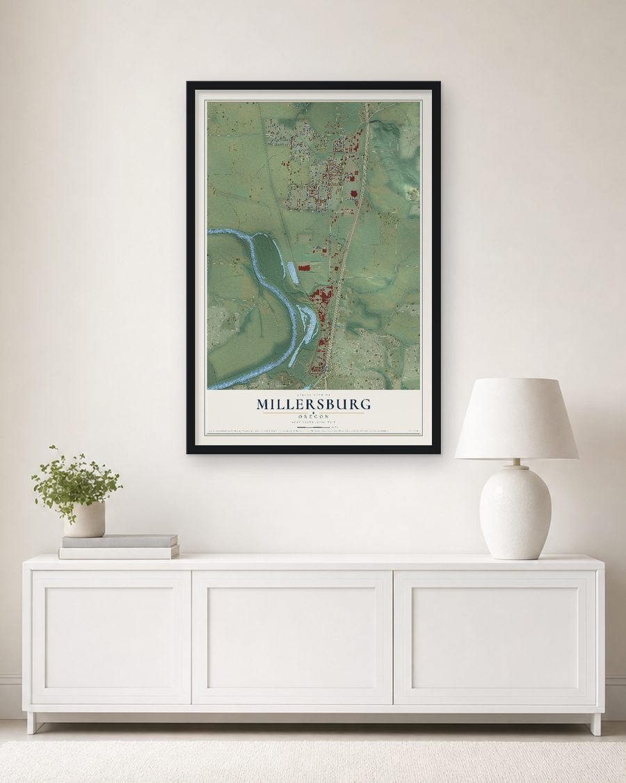 The Millersburg, Oregon map, 24 x 36 in, in a black wood frame on a living room wall