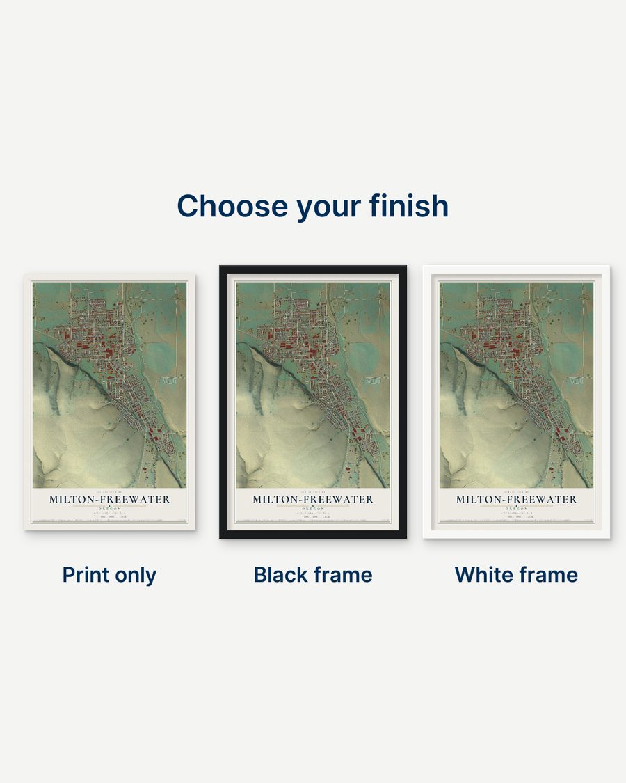 The Milton-Freewater, Oregon map as a print only, in a black frame and in a white frame