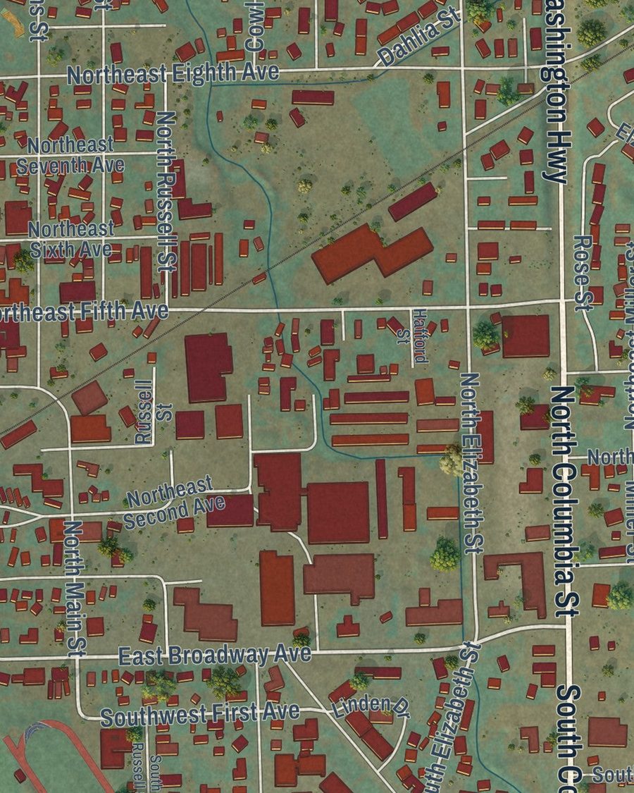 Close-up of Milton-Freewater streets on the map