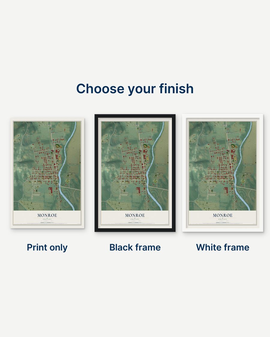 The Monroe, Oregon map as a print only, in a black frame and in a white frame