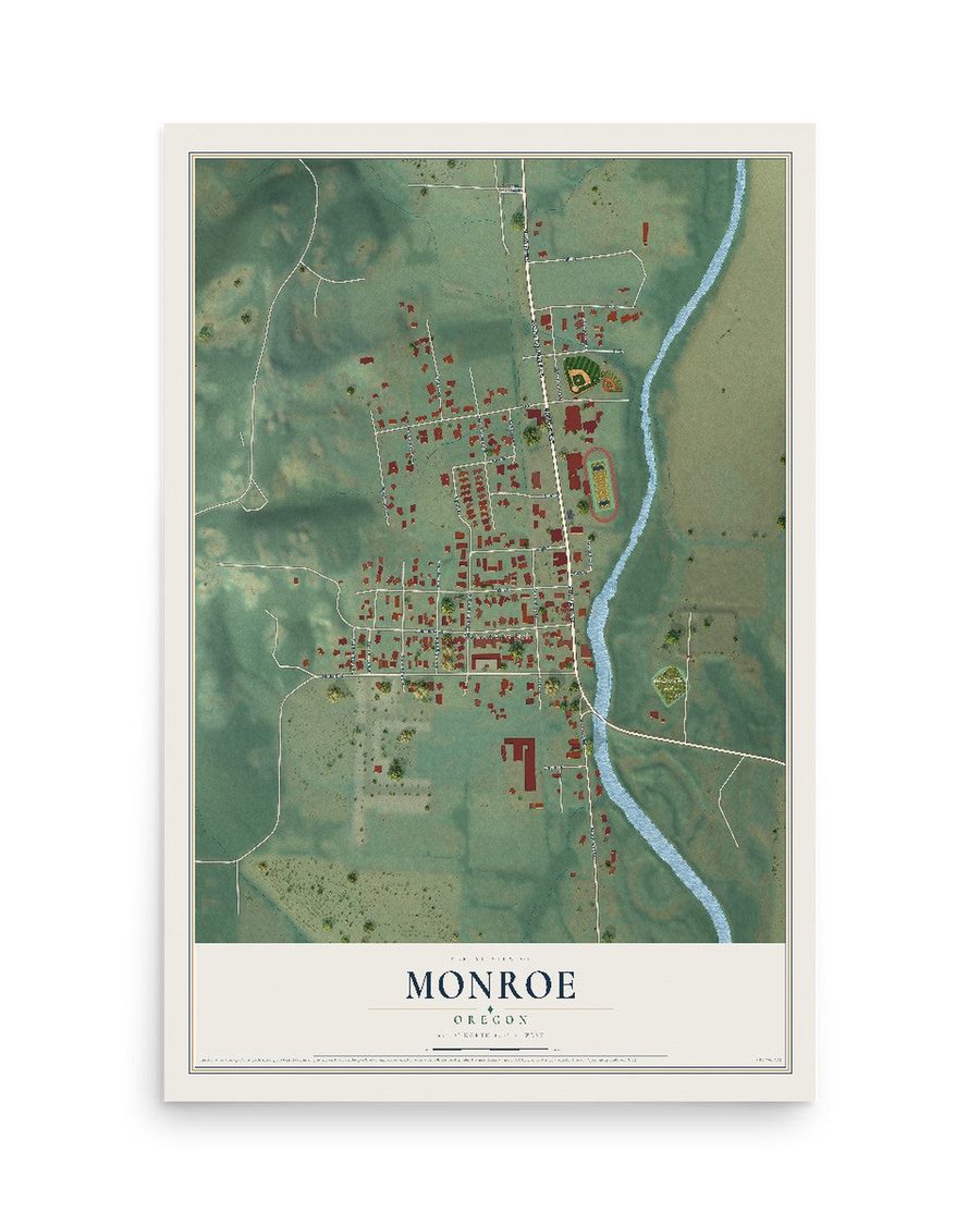 Monroe, Oregon map print, 12 x 18 in, print only