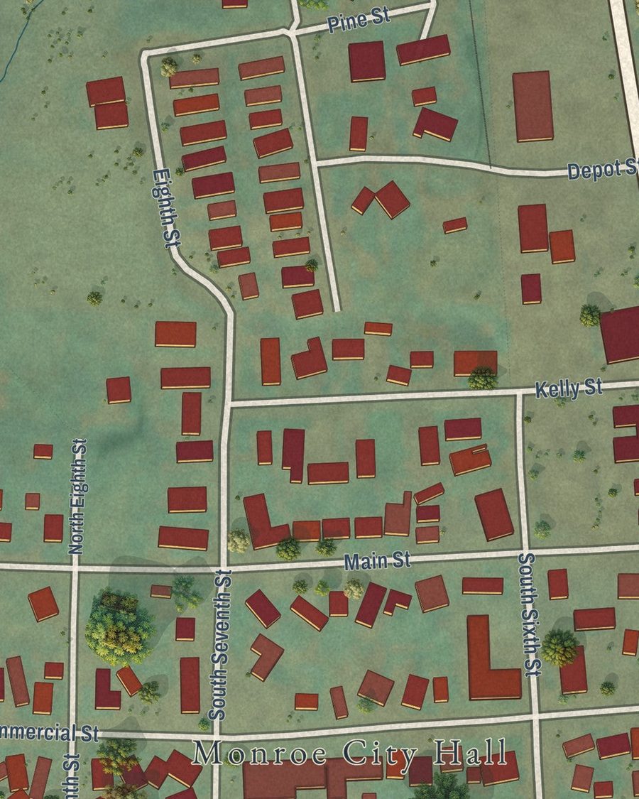 Close-up of Monroe streets on the map