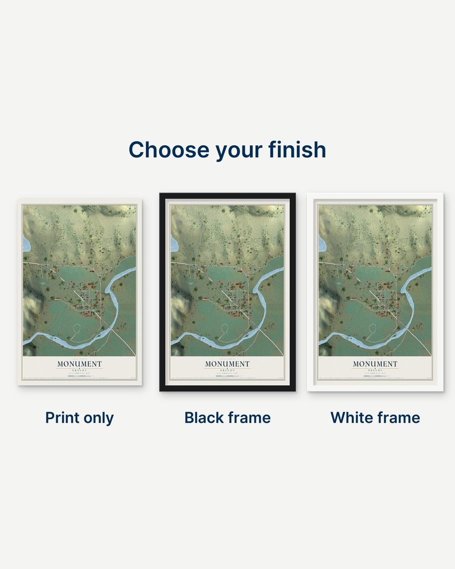 The Monument, Oregon map as a print only, in a black frame and in a white frame