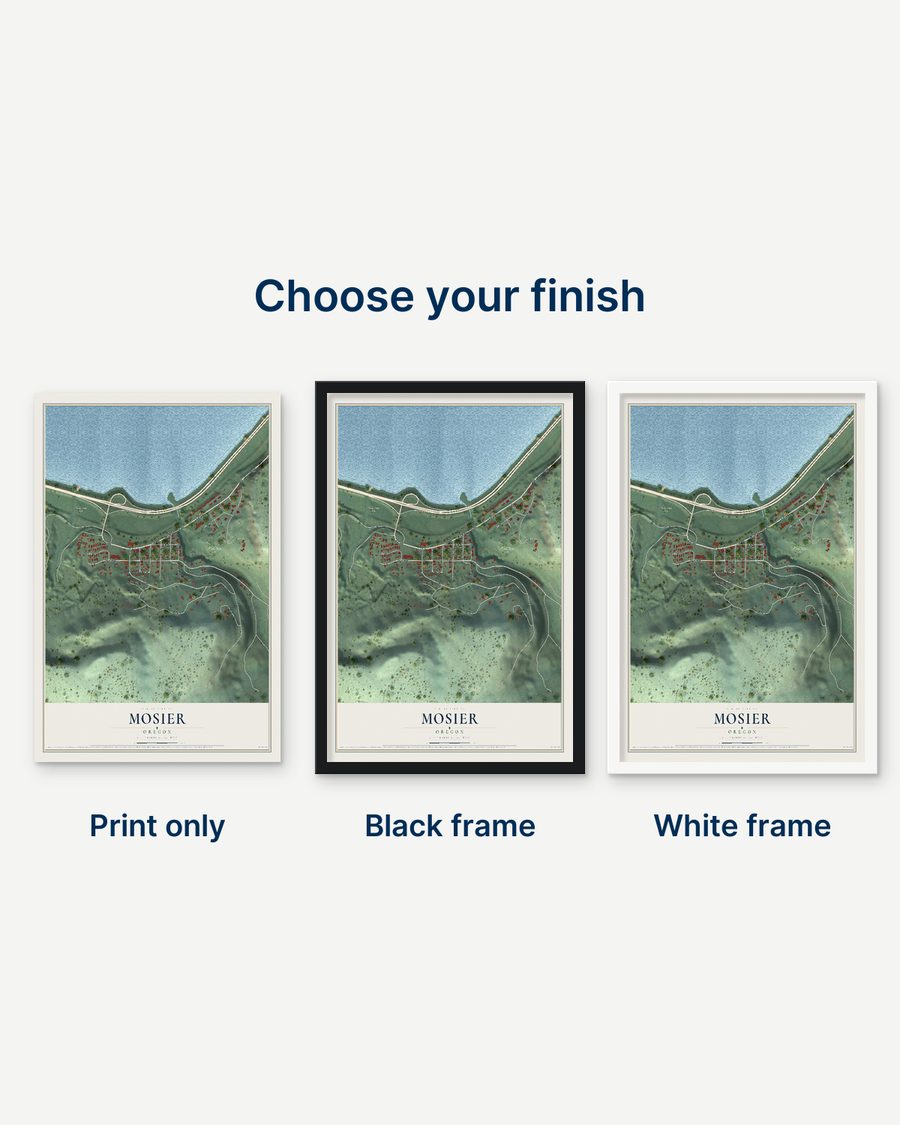 The Mosier, Oregon map as a print only, in a black frame and in a white frame