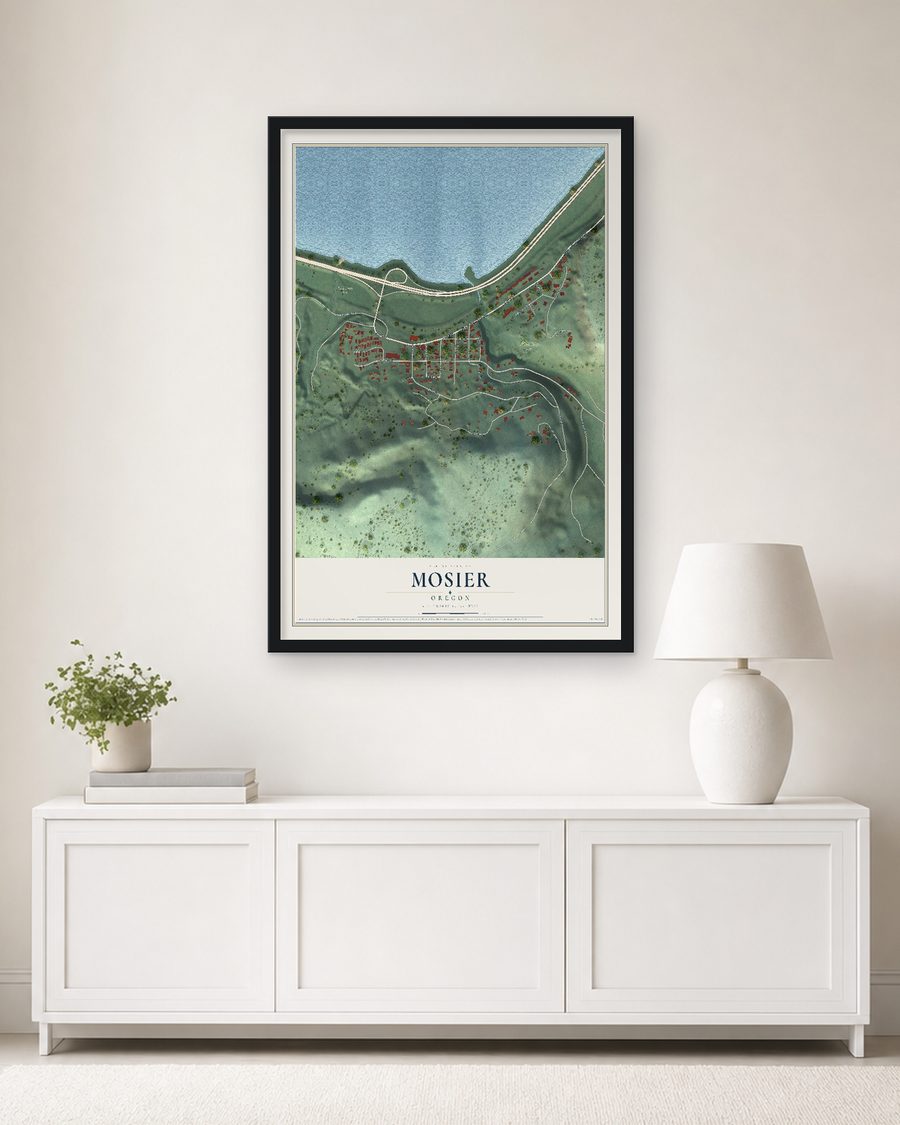 The Mosier, Oregon map, 24 x 36 in, in a black wood frame on a living room wall