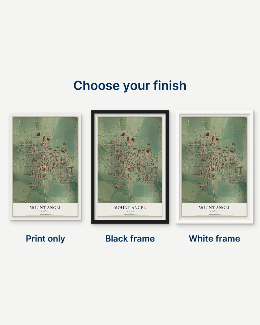 The Mount Angel, Oregon map as a print only, in a black frame and in a white frame