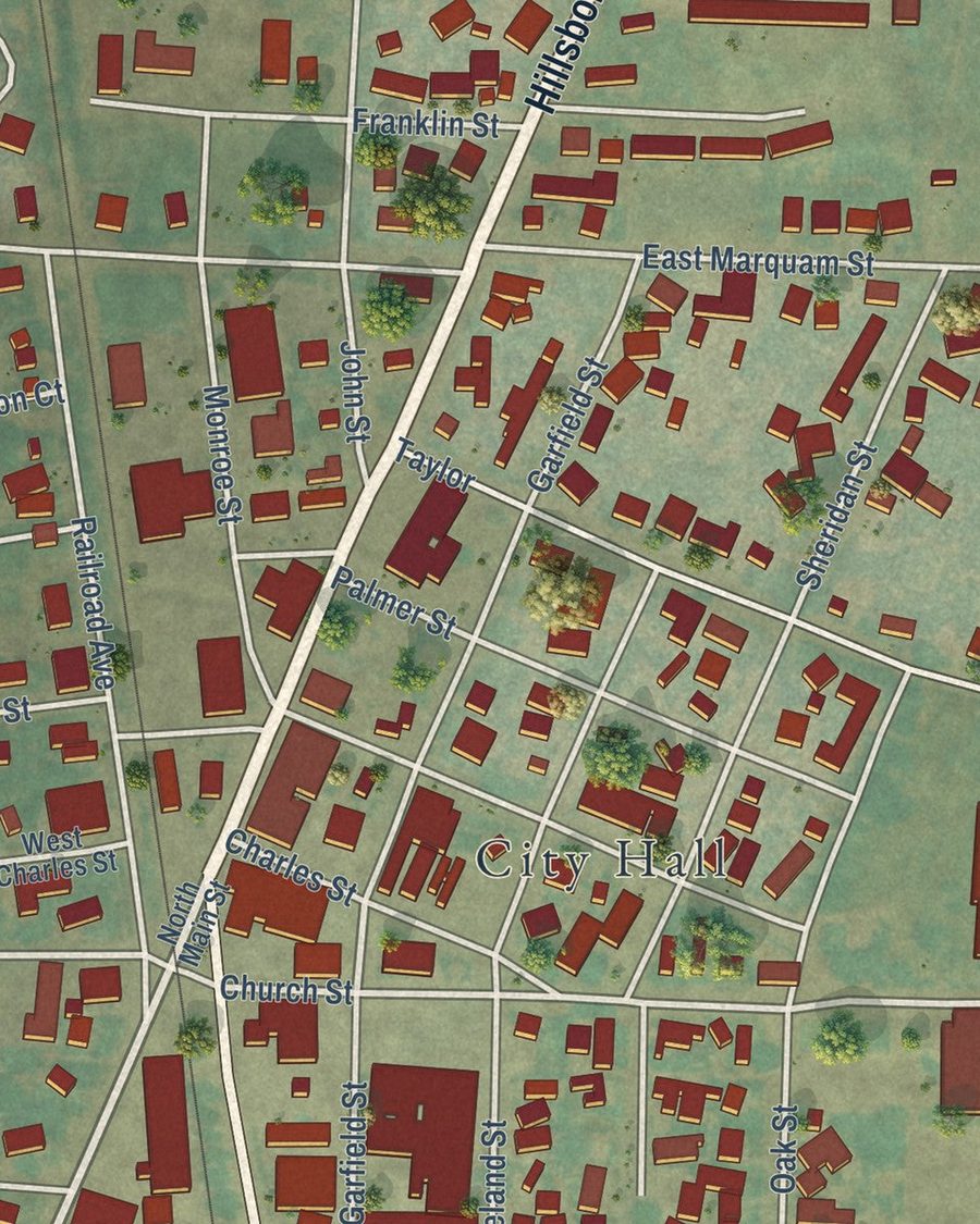 Close-up of Mount Angel streets on the map