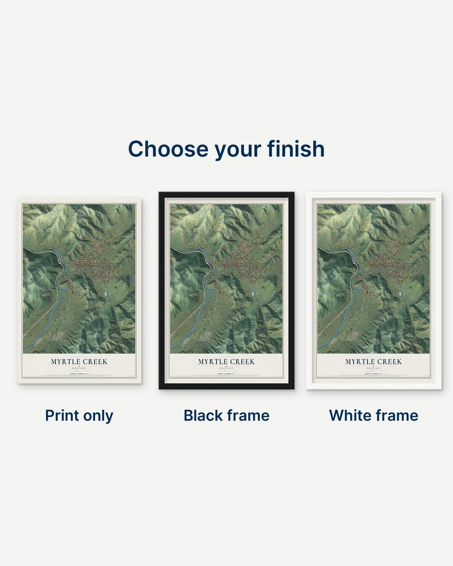The Myrtle Creek, Oregon map as a print only, in a black frame and in a white frame