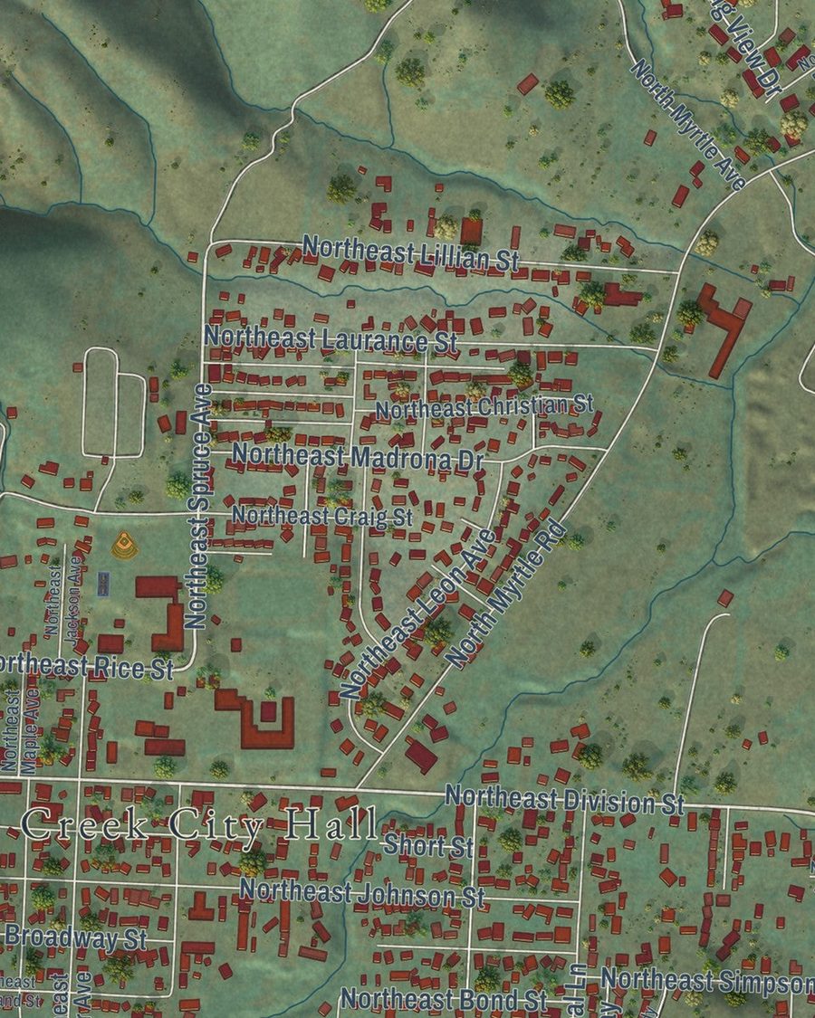 Close-up of Myrtle Creek streets on the map