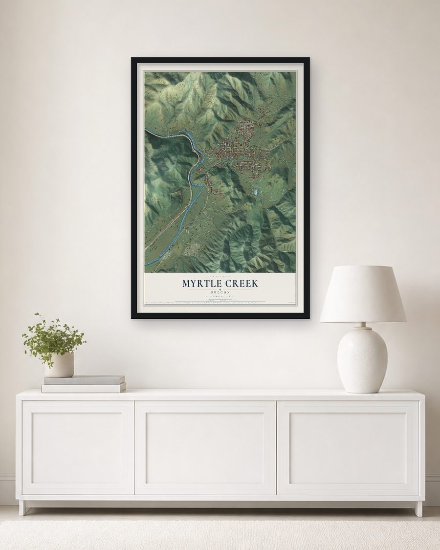 The Myrtle Creek, Oregon map, 24 x 36 in, in a black wood frame on a living room wall