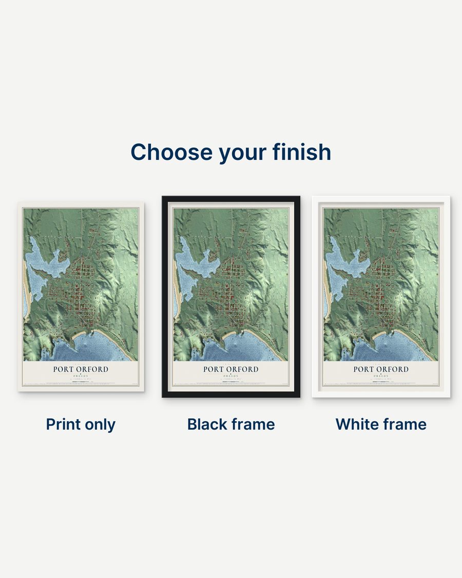 The Port Orford, Oregon map as a print only, in a black frame and in a white frame