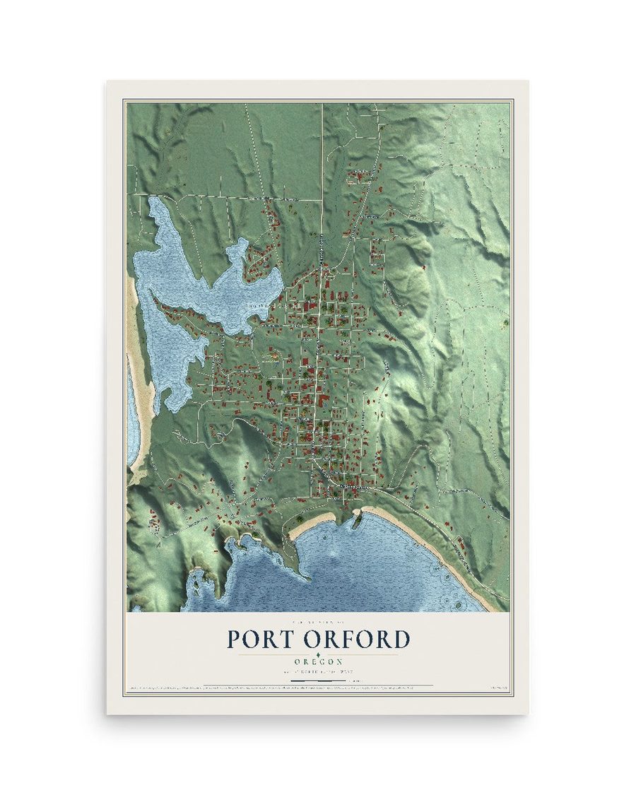 Port Orford, Oregon map print, 12 x 18 in, print only