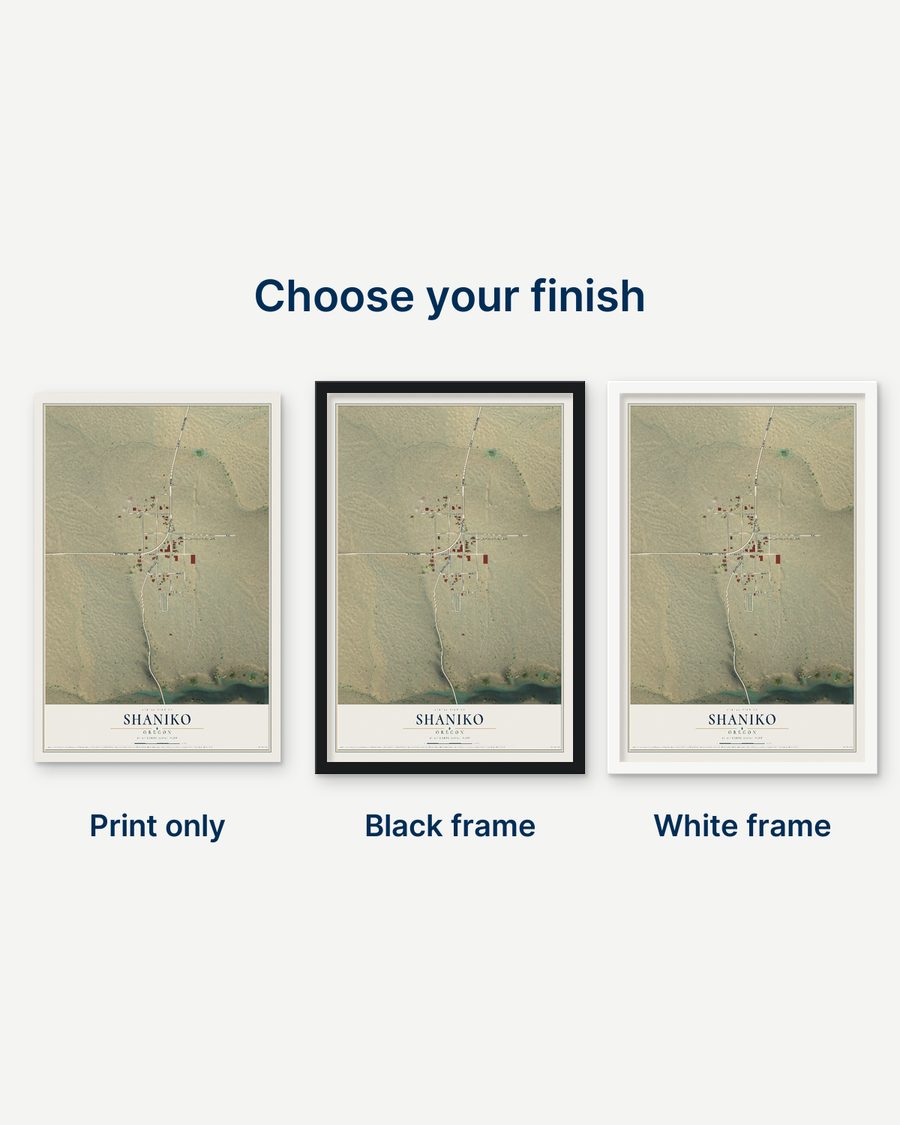 The Shaniko, Oregon map as a print only, in a black frame and in a white frame