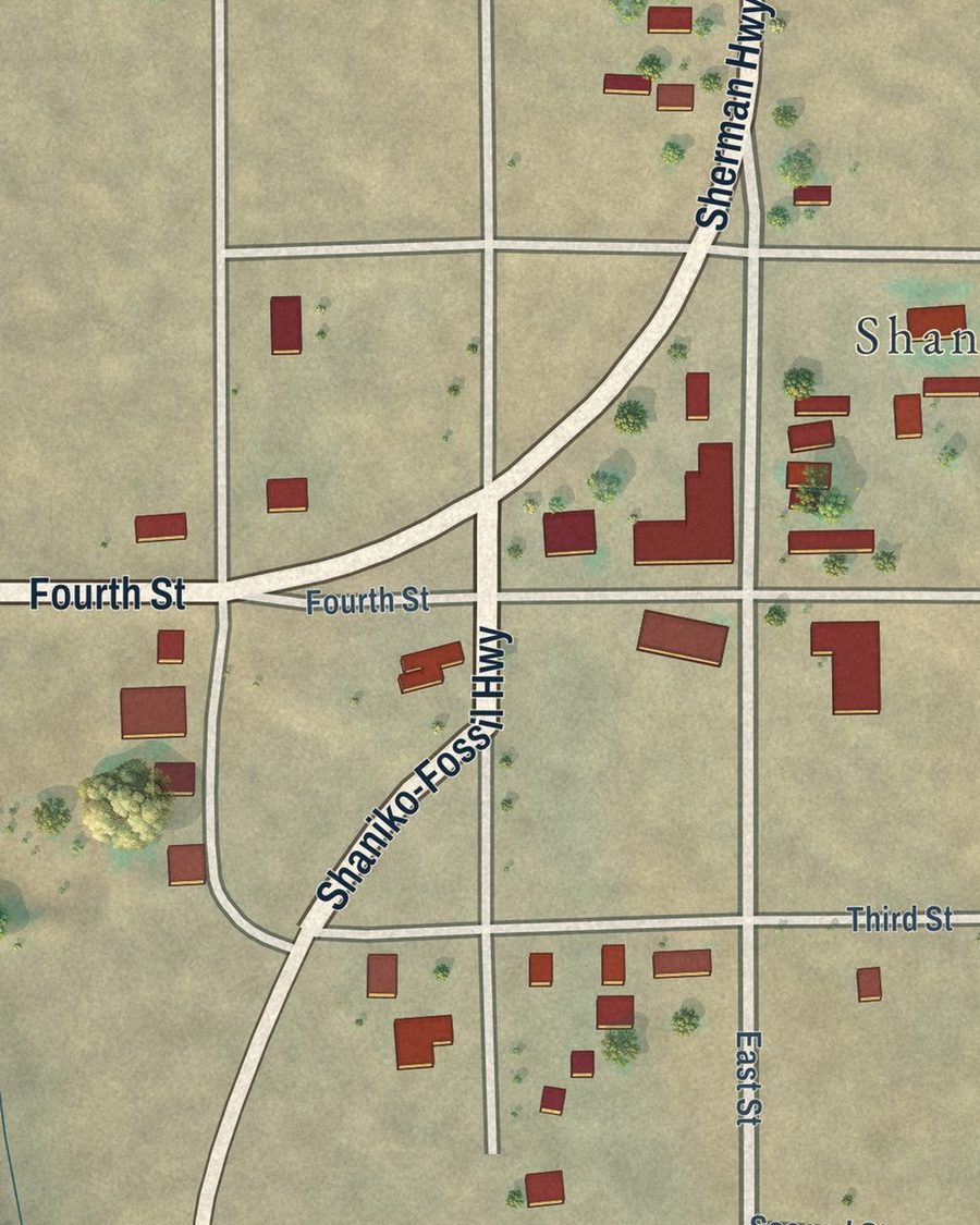 Close-up of Shaniko streets on the map
