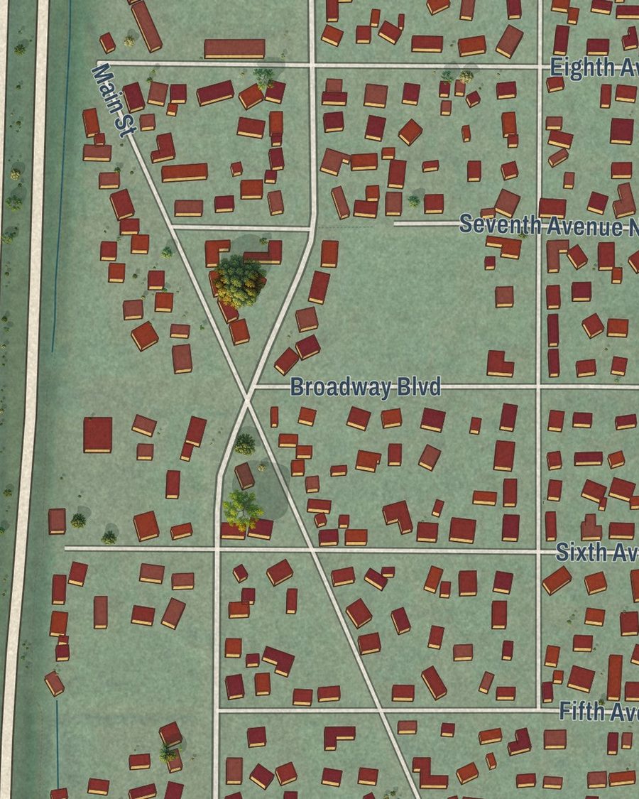 Close-up of Algona streets on the map