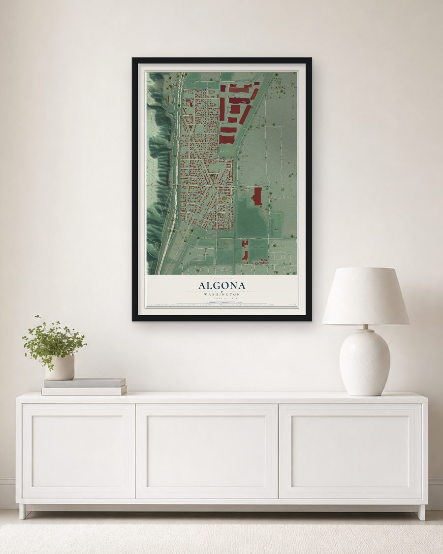 The Algona, Washington map, 24 x 36 in, in a black wood frame on a living room wall