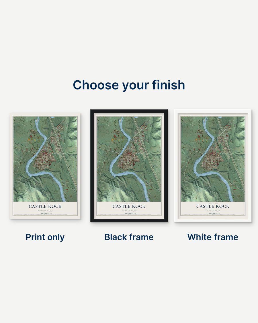 The Castle Rock, Washington map as a print only, in a black frame and in a white frame
