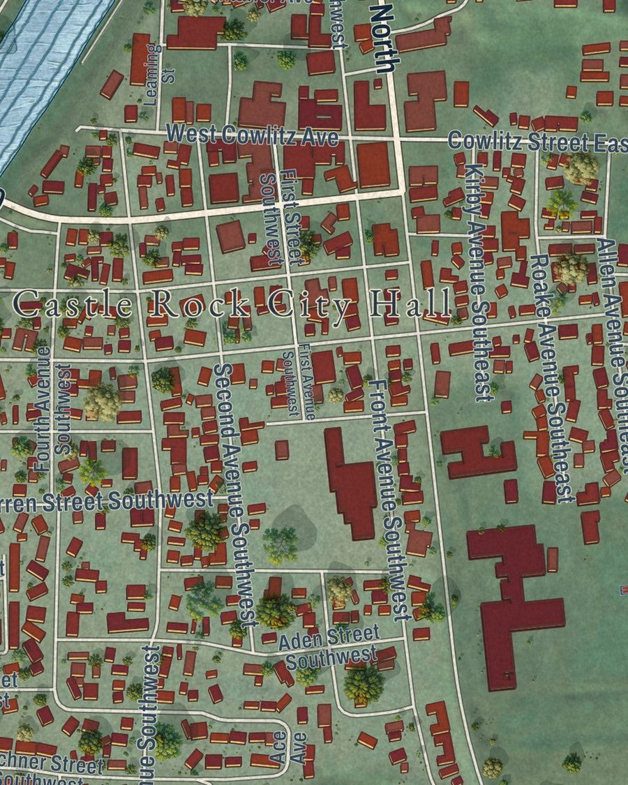Close-up of Castle Rock streets on the map