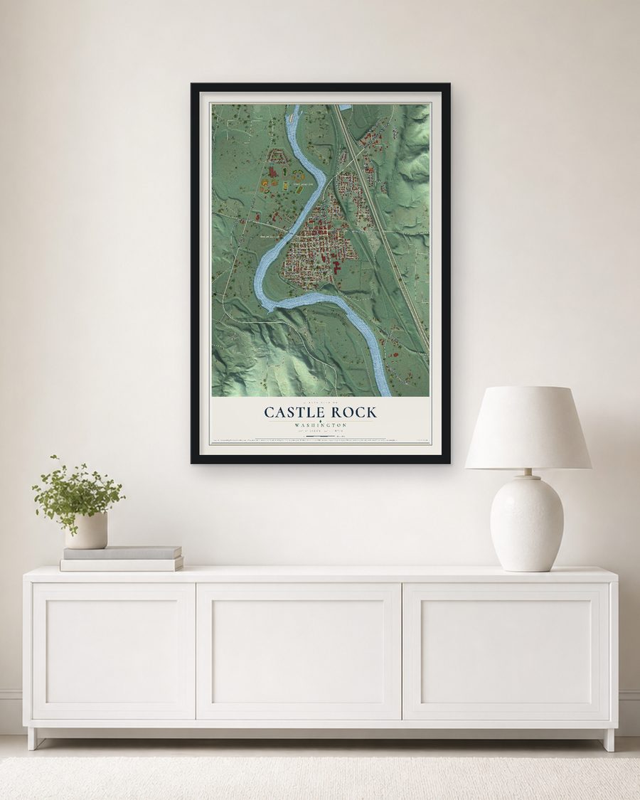 The Castle Rock, Washington map, 24 x 36 in, in a black wood frame on a living room wall