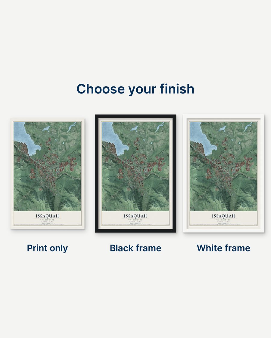 The Issaquah, Washington map as a print only, in a black frame and in a white frame