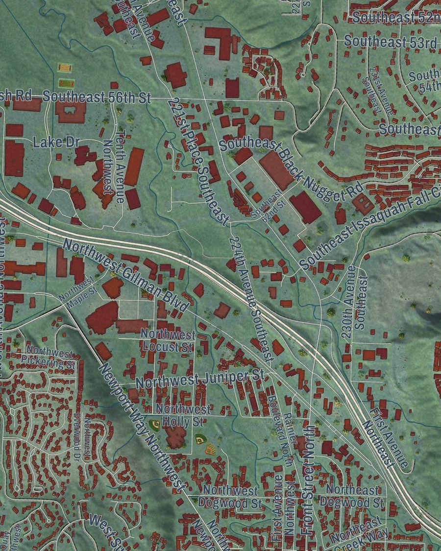 Close-up of Issaquah streets on the map