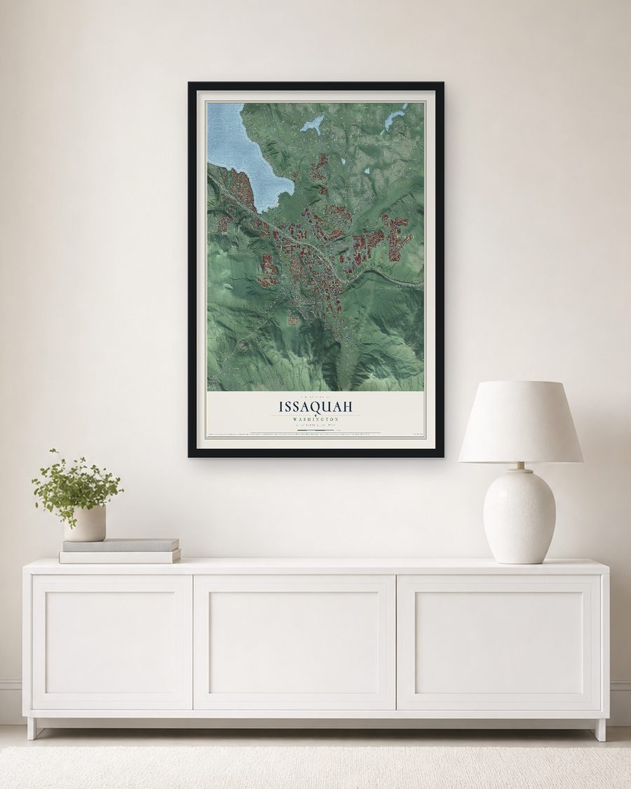 The Issaquah, Washington map, 24 x 36 in, in a black wood frame on a living room wall