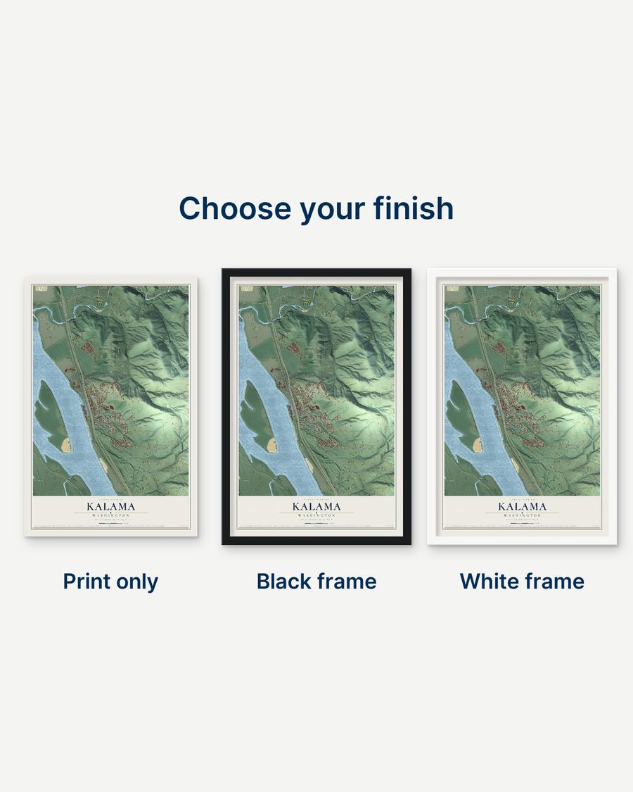 The Kalama, Washington map as a print only, in a black frame and in a white frame