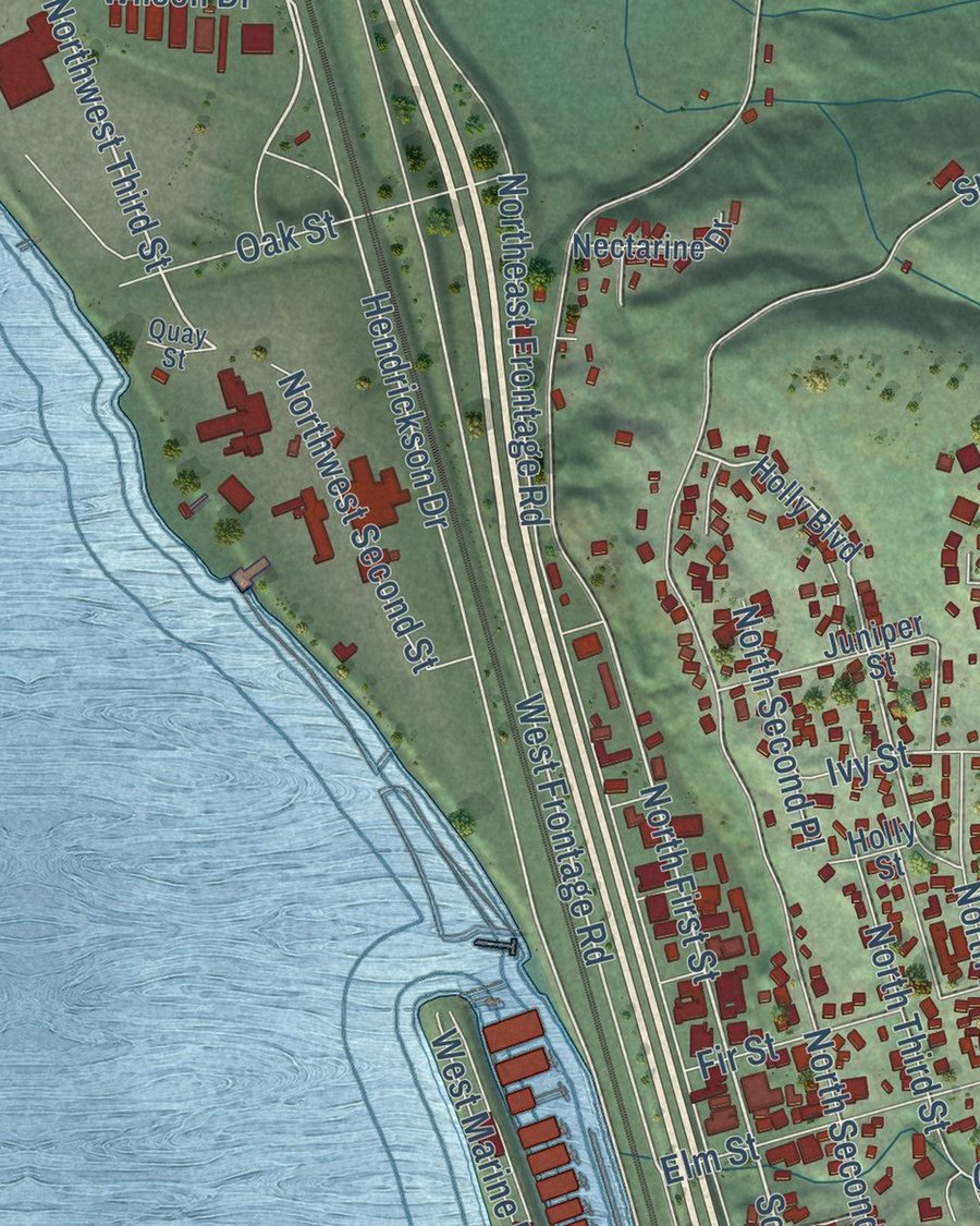 Close-up of Kalama streets on the map