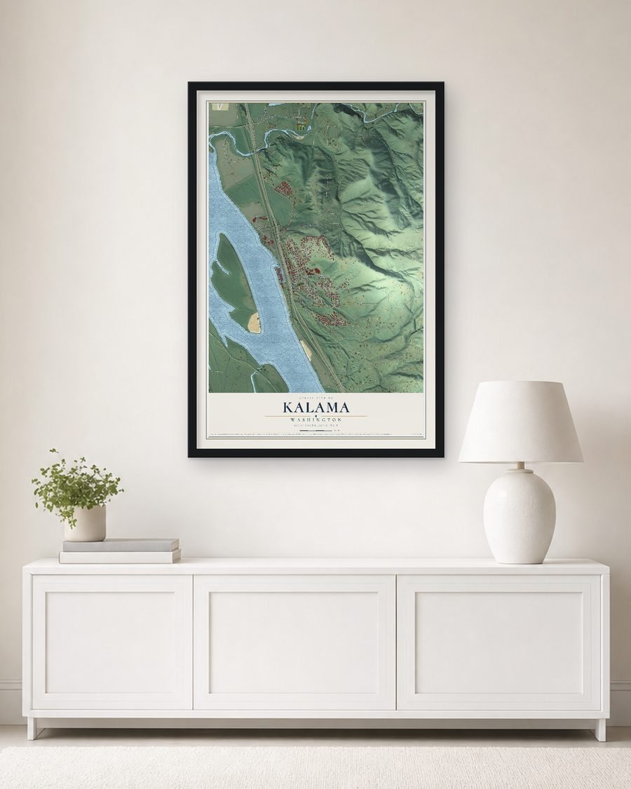 The Kalama, Washington map, 24 x 36 in, in a black wood frame on a living room wall