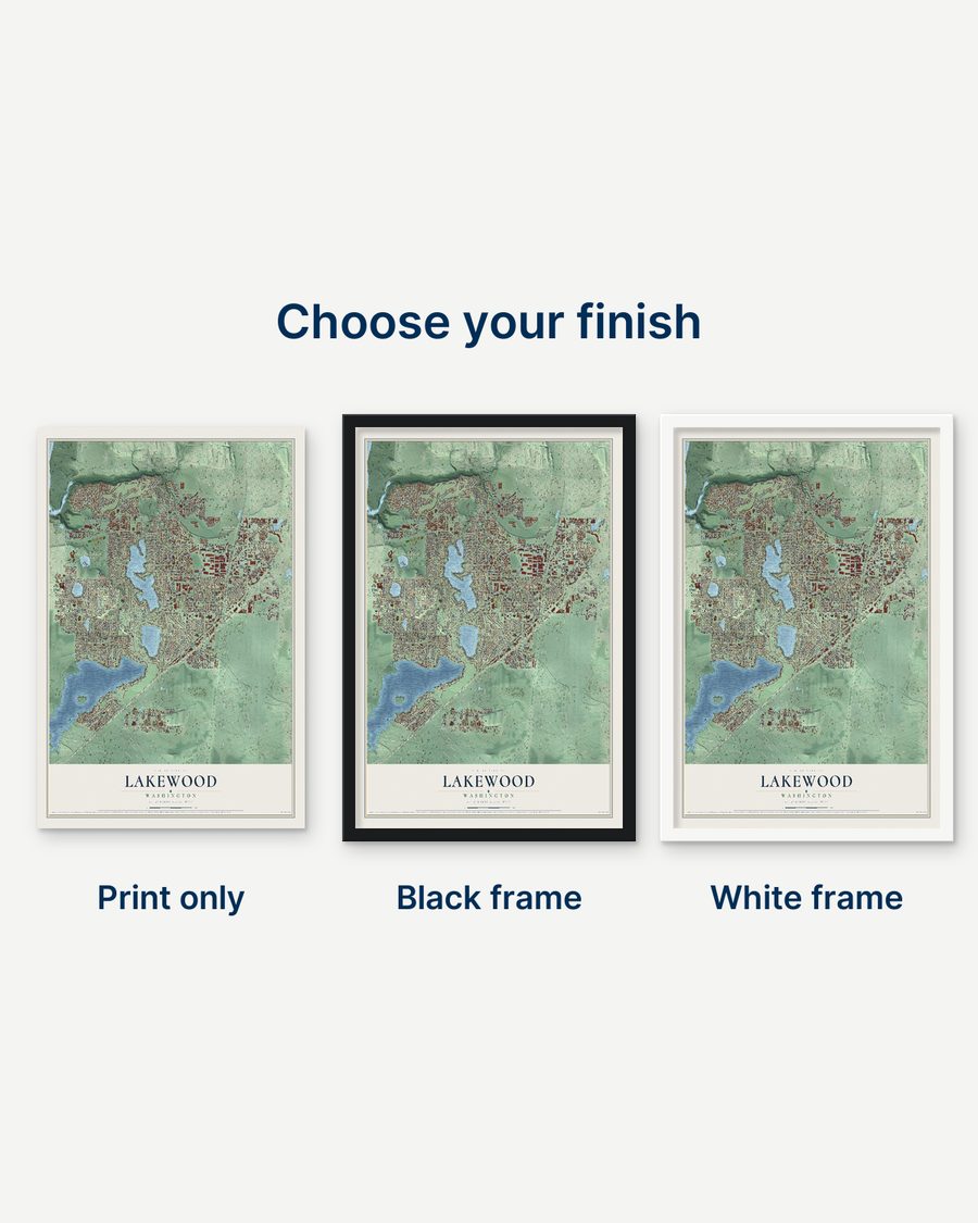 The Lakewood, Washington map as a print only, in a black frame and in a white frame