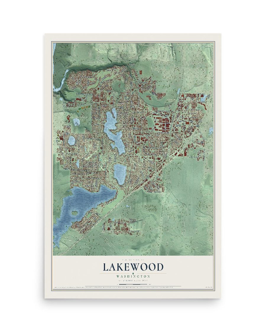 Lakewood, Washington map print, 12 x 18 in, print only