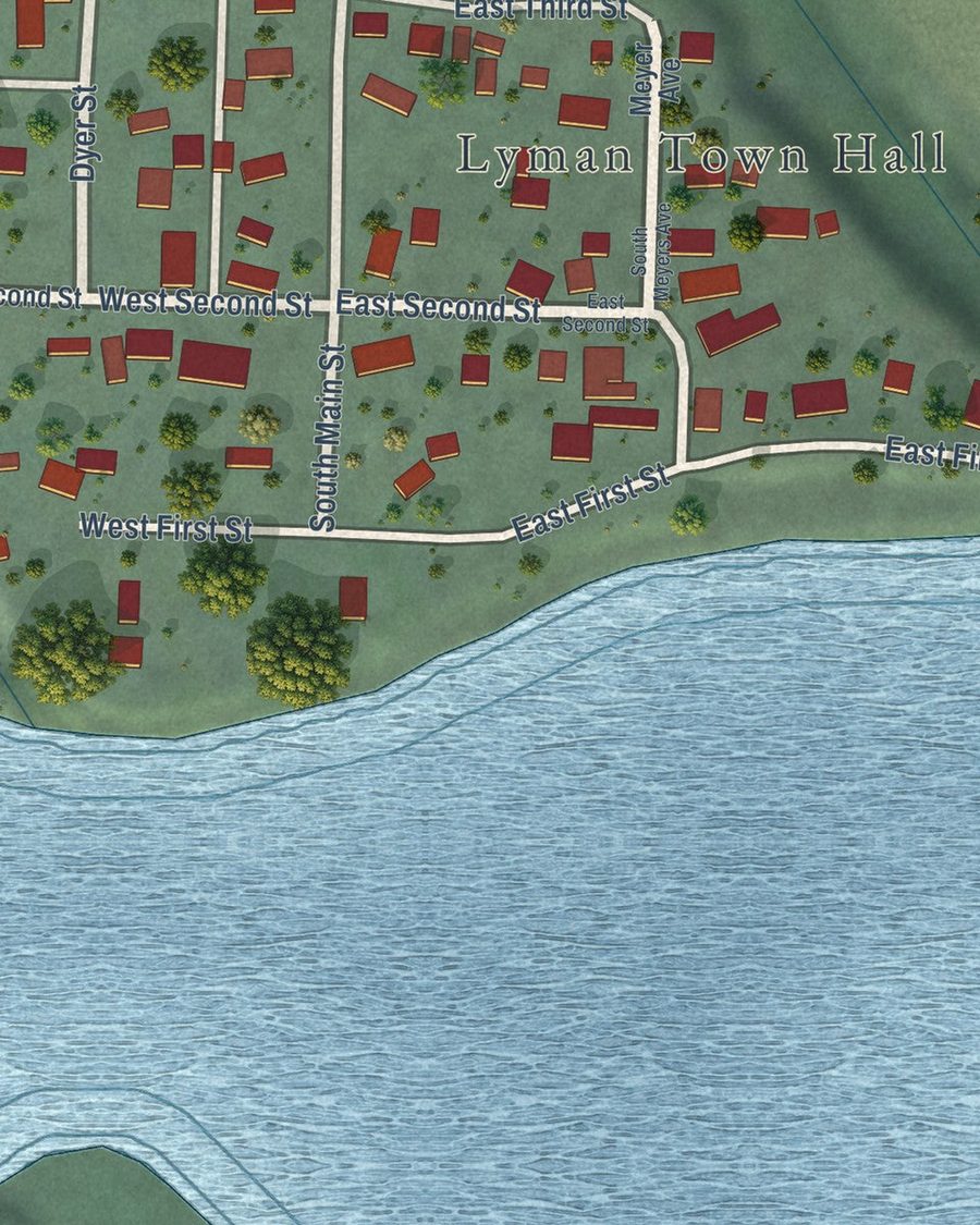 Close-up of Lyman streets on the map