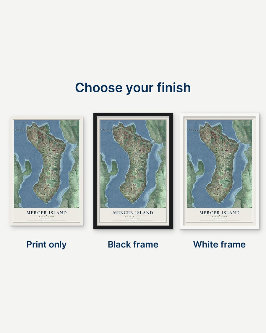The Mercer Island, Washington map as a print only, in a black frame and in a white frame