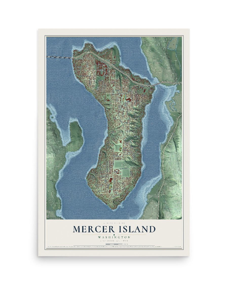 Mercer Island, Washington map print, 12 x 18 in, print only