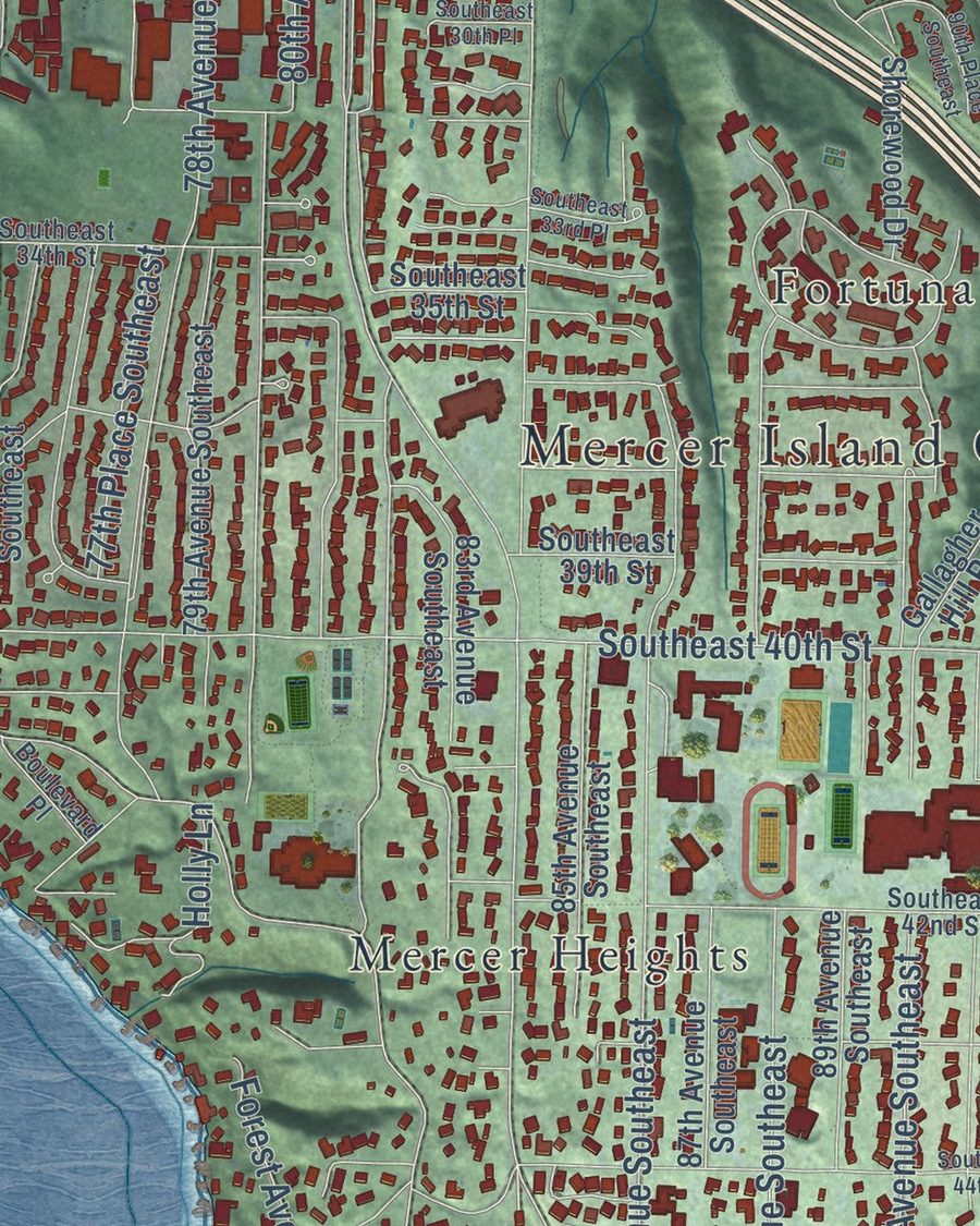 Close-up of Mercer Island streets on the map
