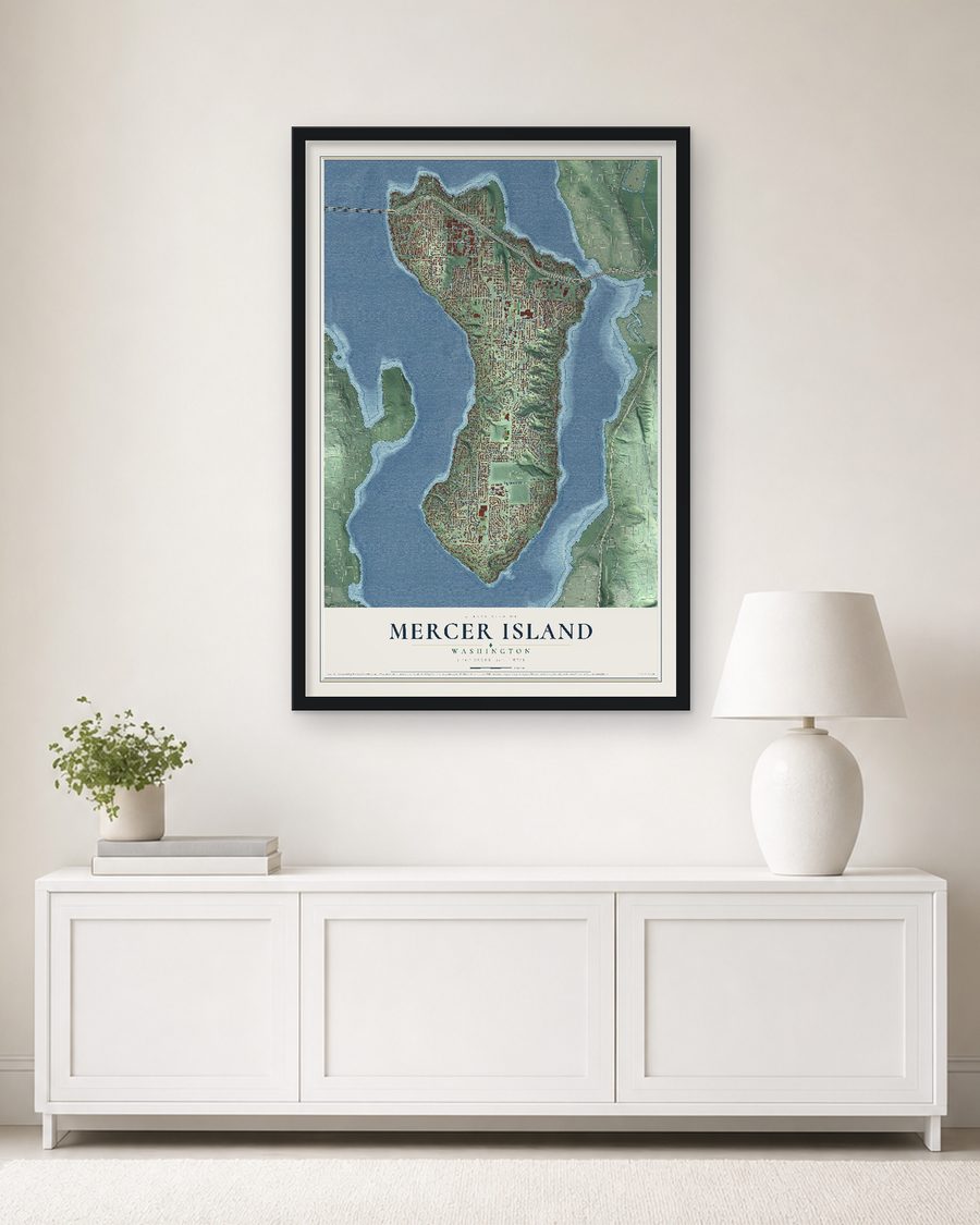 The Mercer Island, Washington map, 24 x 36 in, in a black wood frame on a living room wall