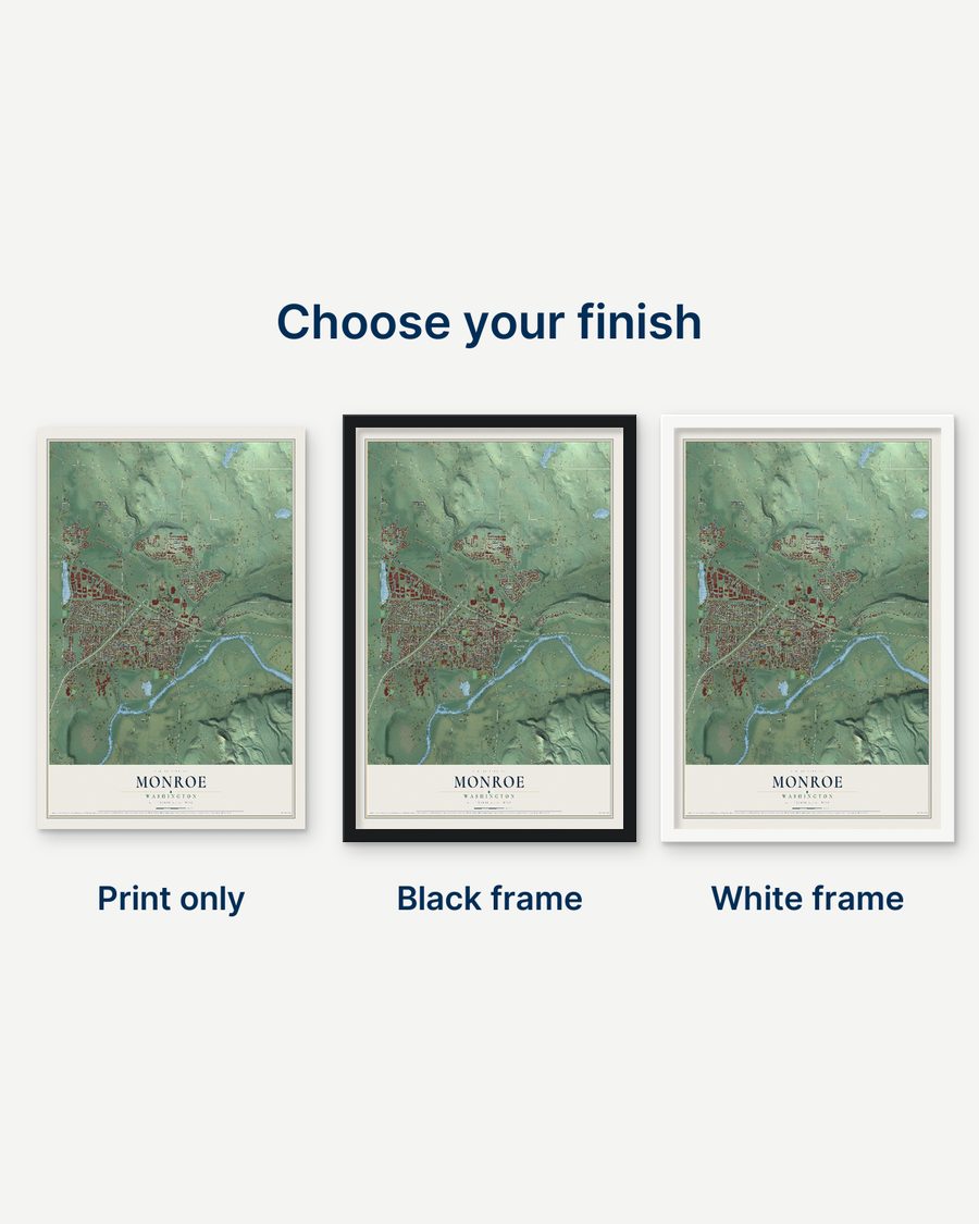 The Monroe, Washington map as a print only, in a black frame and in a white frame