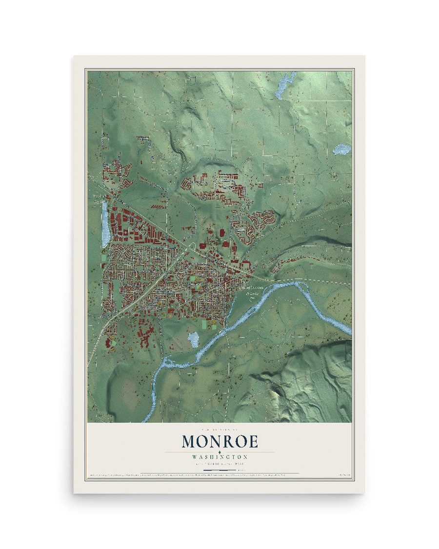 Monroe, Washington map print, 12 x 18 in, print only