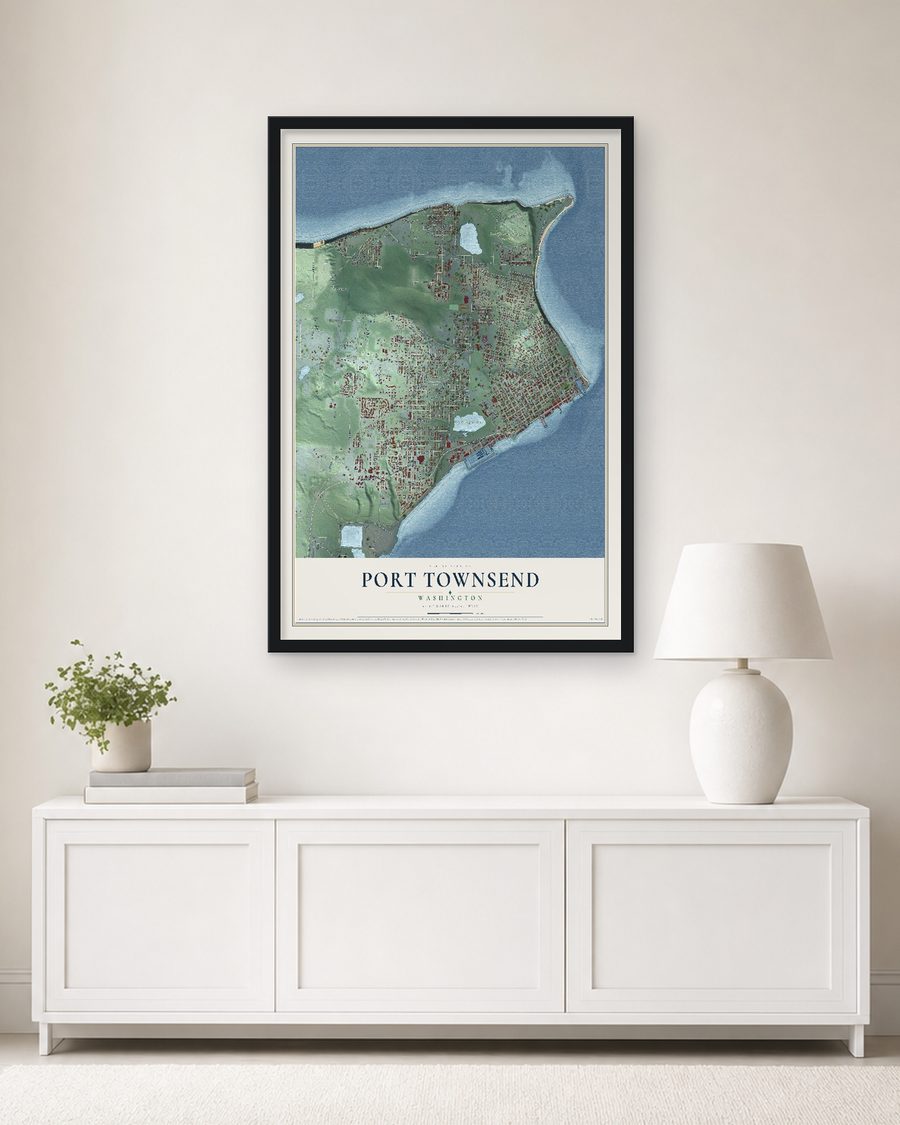 The Port Townsend, Washington map, 24 x 36 in, in a black wood frame on a living room wall