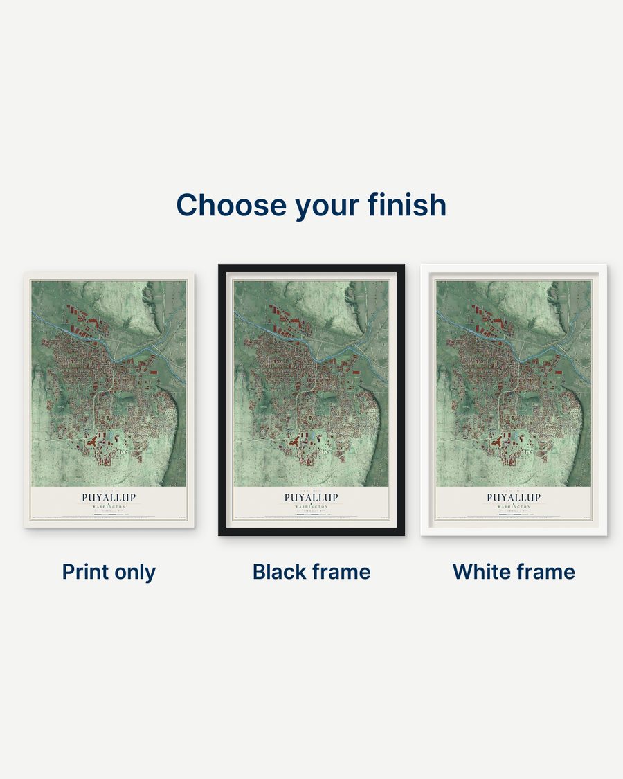 The Puyallup, Washington map as a print only, in a black frame and in a white frame