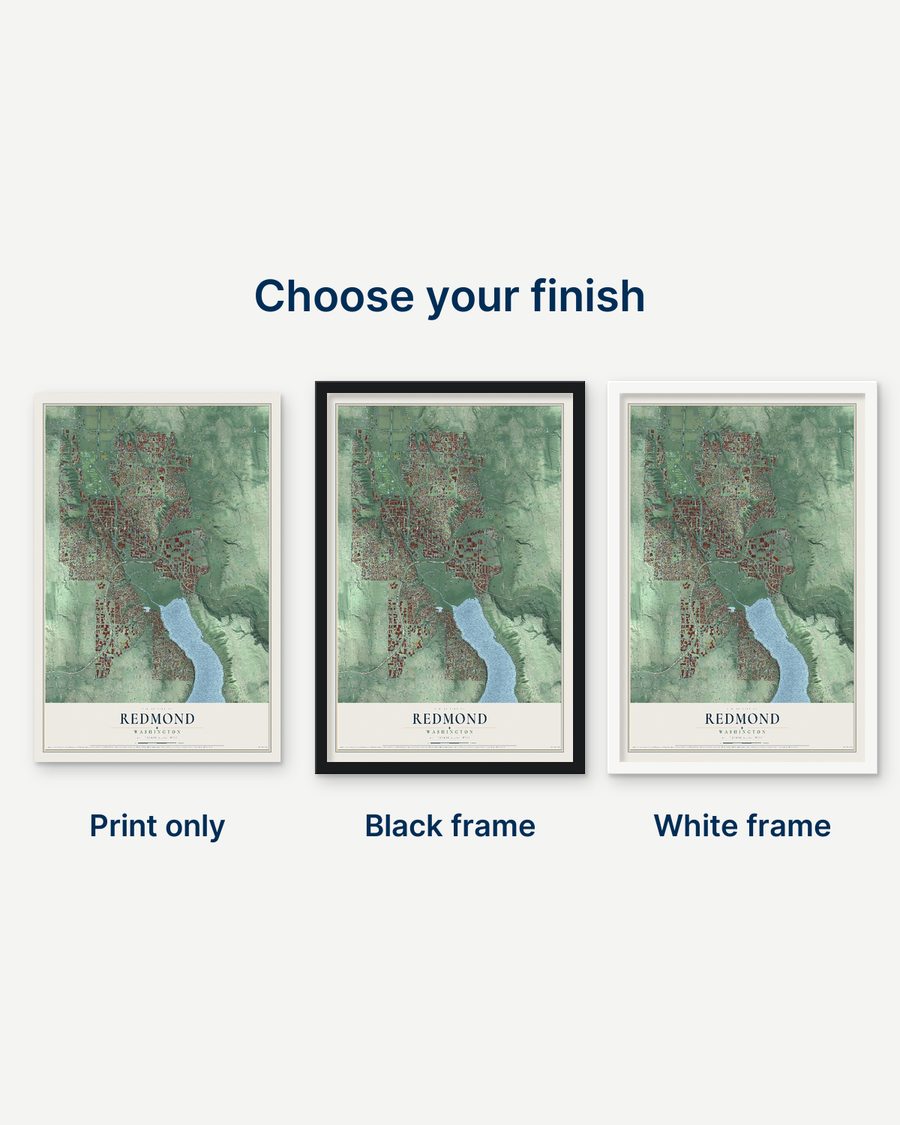 The Redmond, Washington map as a print only, in a black frame and in a white frame