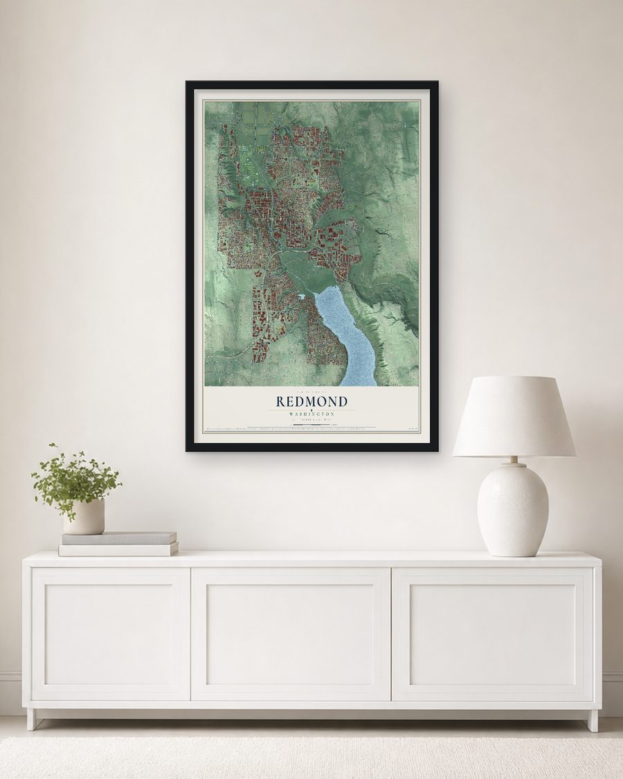 The Redmond, Washington map, 24 x 36 in, in a black wood frame on a living room wall