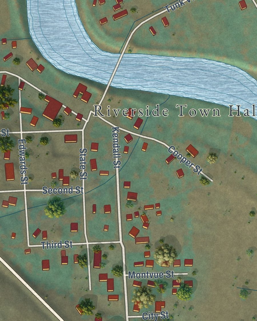 Close-up of Riverside streets on the map