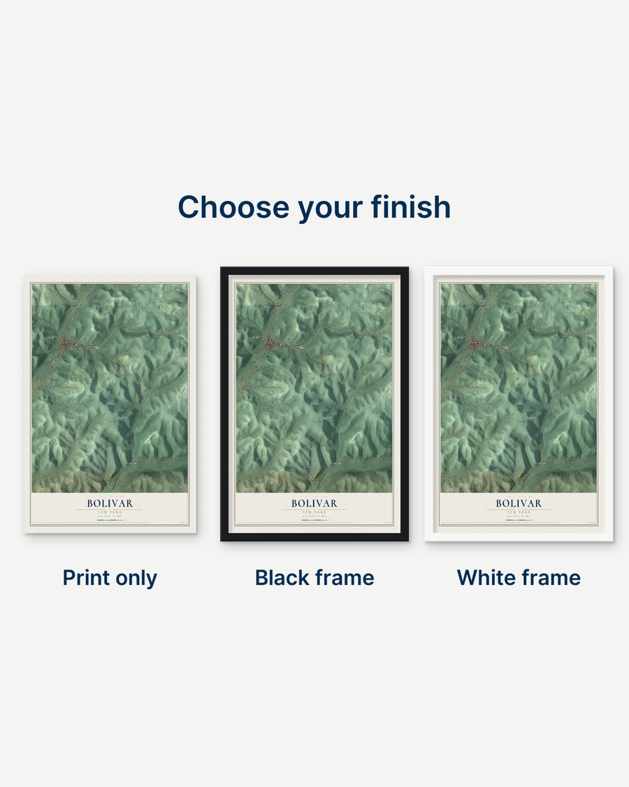The Bolivar, New York map as a print only, in a black frame and in a white frame