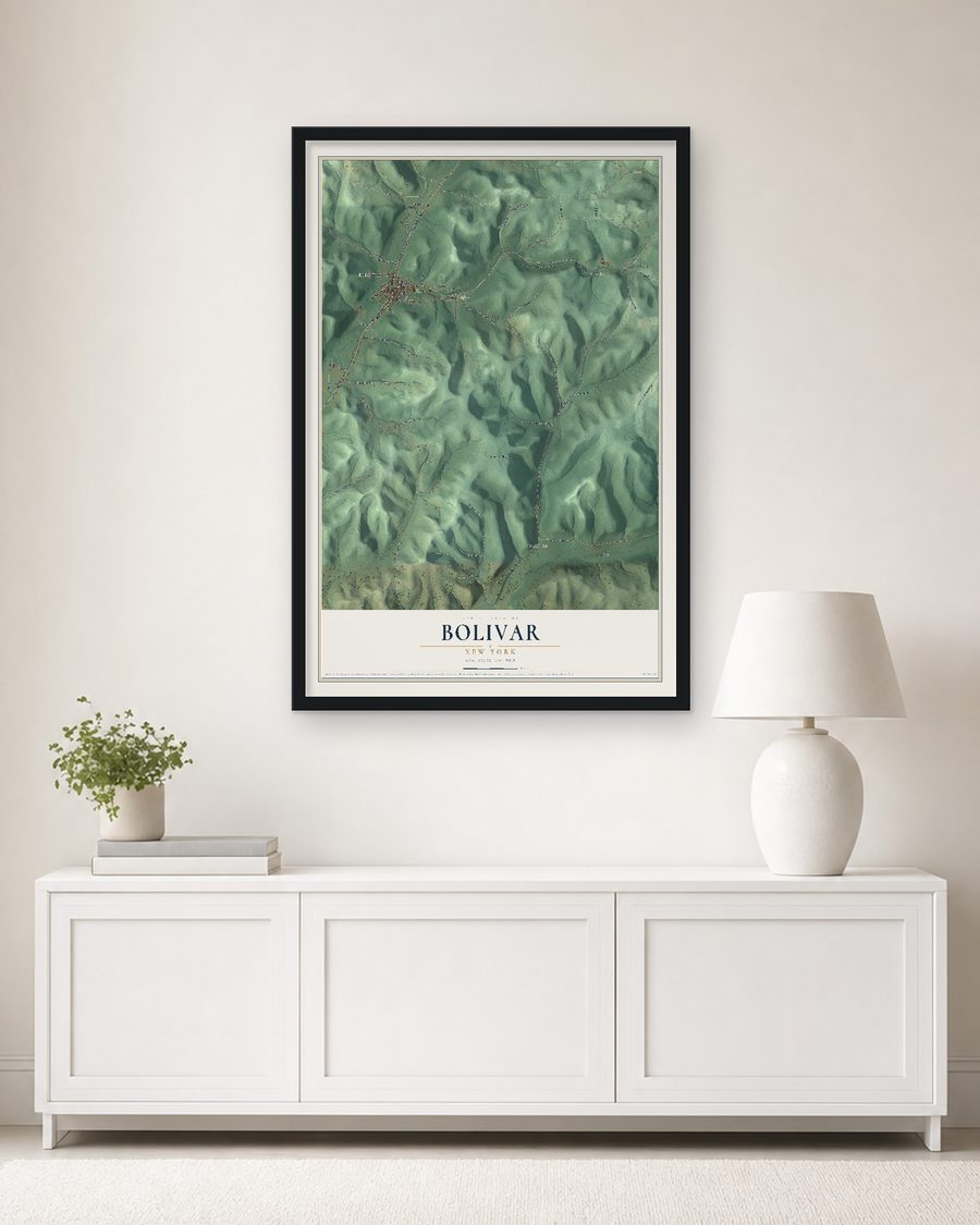 The Bolivar, New York map, 24 x 36 in, in a black wood frame on a living room wall