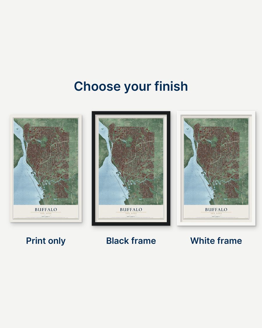 The Buffalo, New York map as a print only, in a black frame and in a white frame