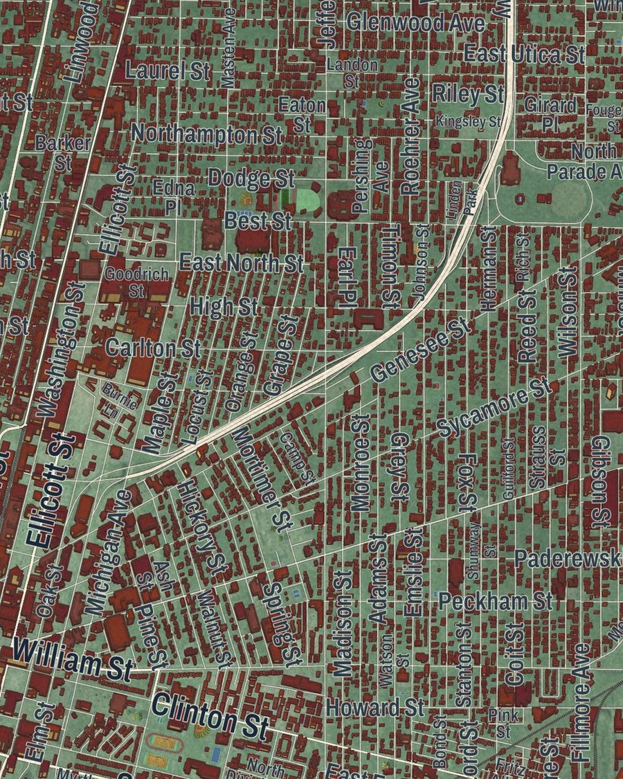 Close-up of Buffalo streets on the map