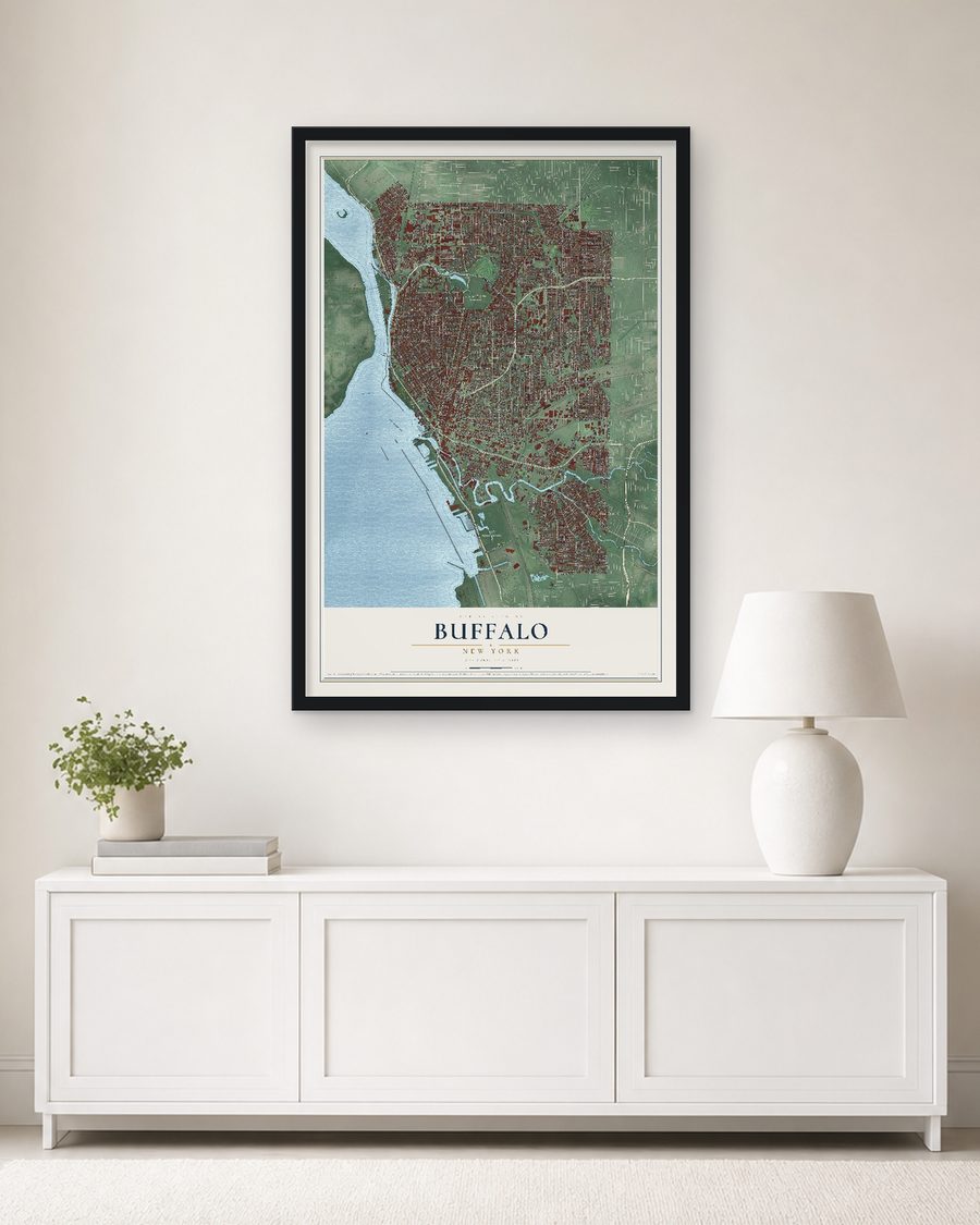 The Buffalo, New York map, 24 x 36 in, in a black wood frame on a living room wall