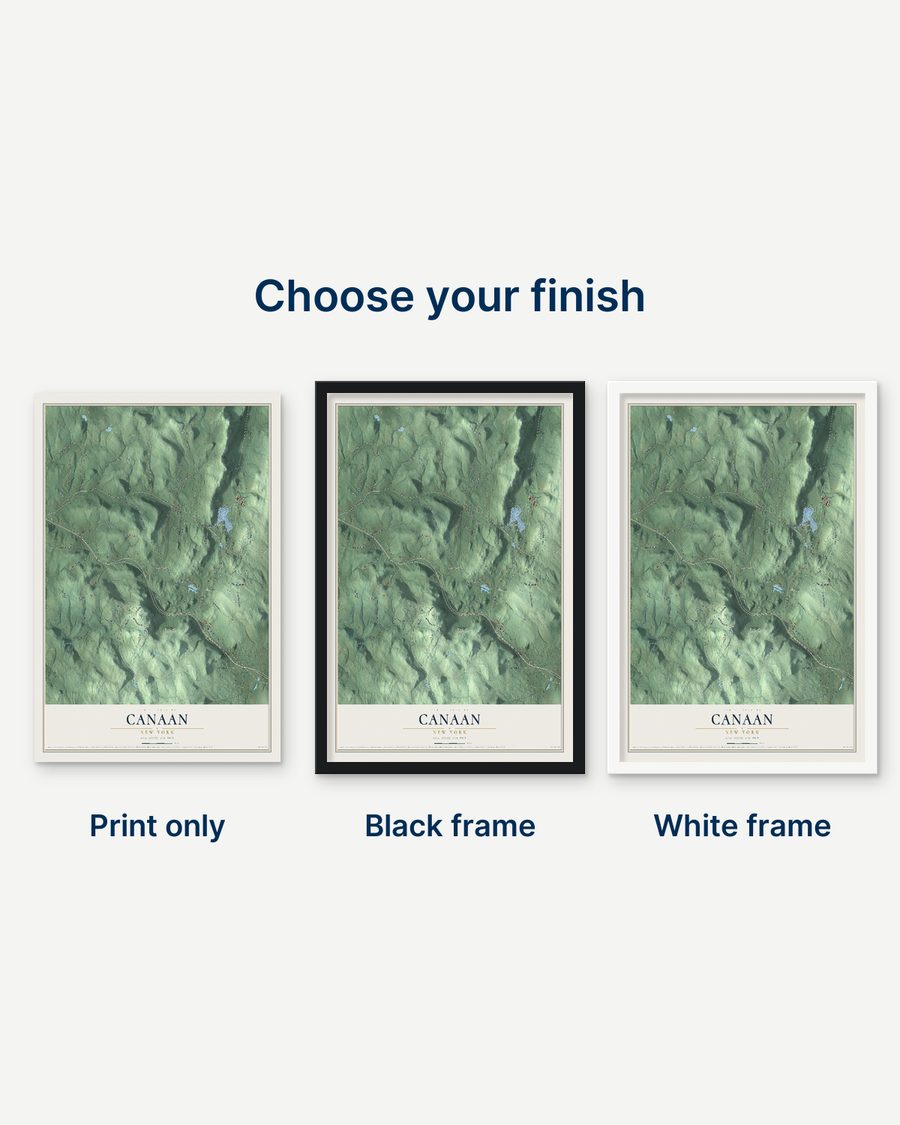 The Canaan, New York map as a print only, in a black frame and in a white frame